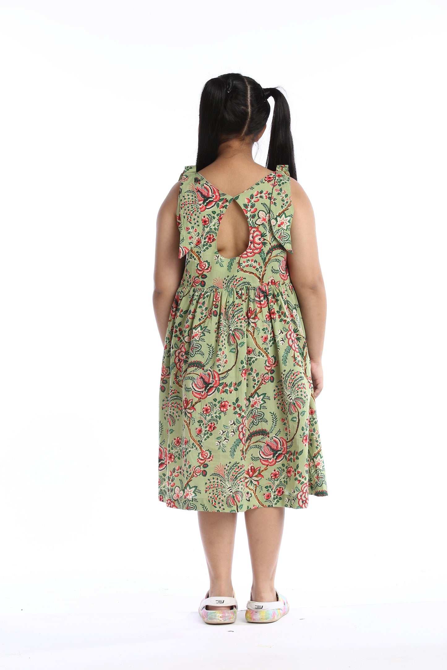 Floral Print Girls' Sleeveless Green Frock
