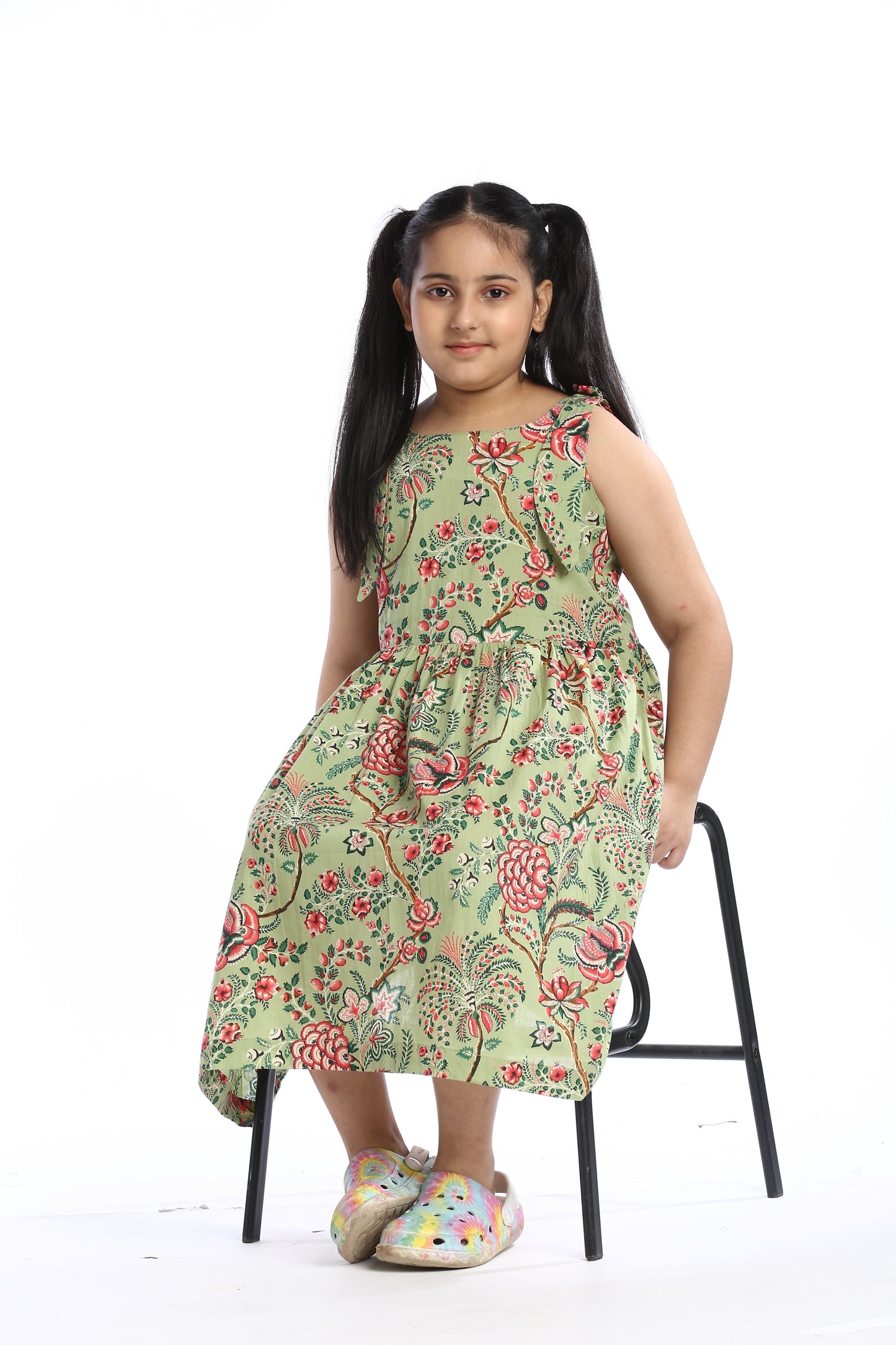 Floral Print Girls' Sleeveless Green Frock