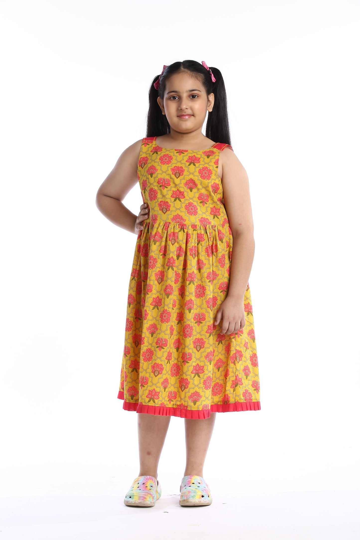 Bright Floral Sleeveless Girls' Frock in Yellow