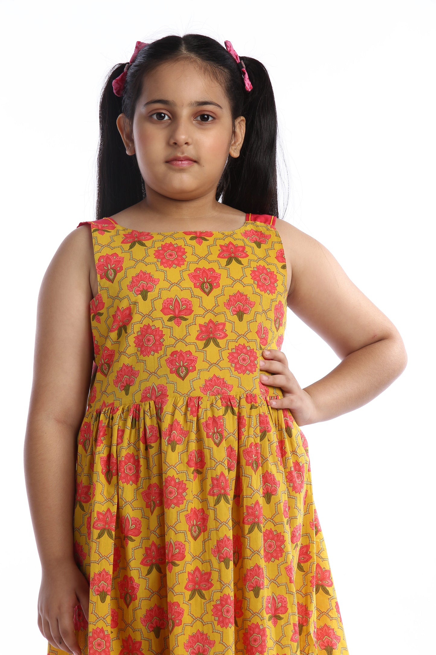 Bright Floral Sleeveless Girls' Frock in Yellow