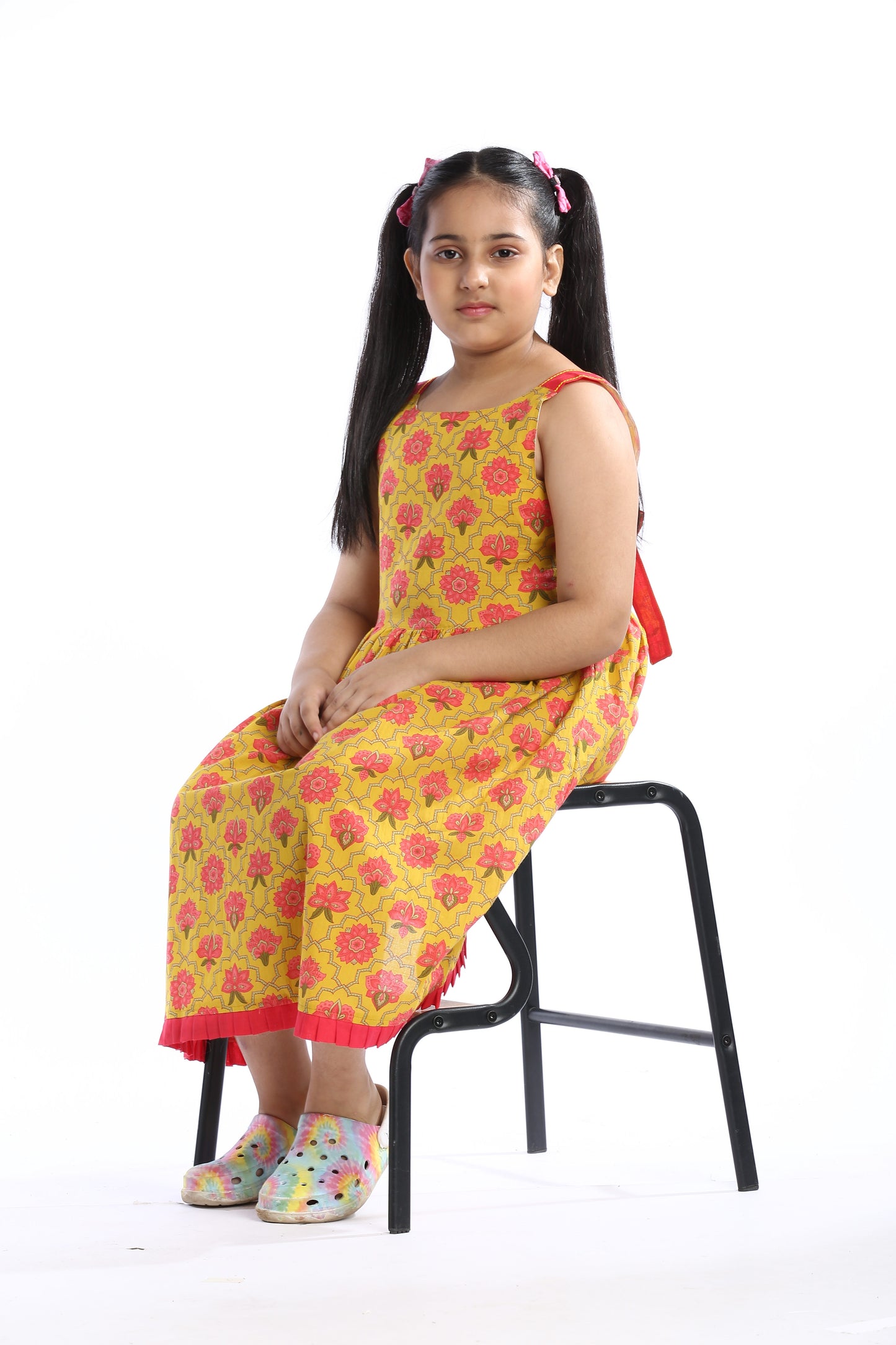 Bright Floral Sleeveless Girls' Frock in Yellow