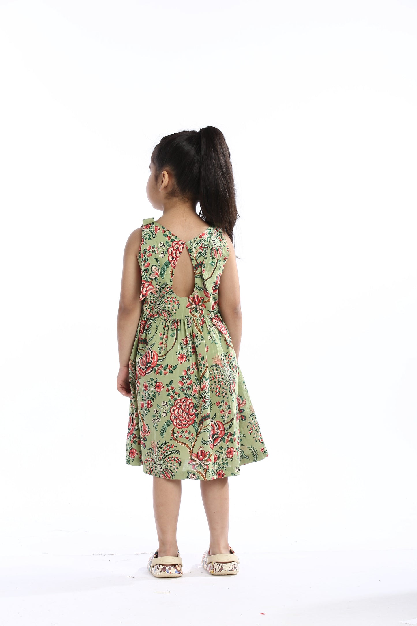 Floral Print Girls' Sleeveless Green Frock