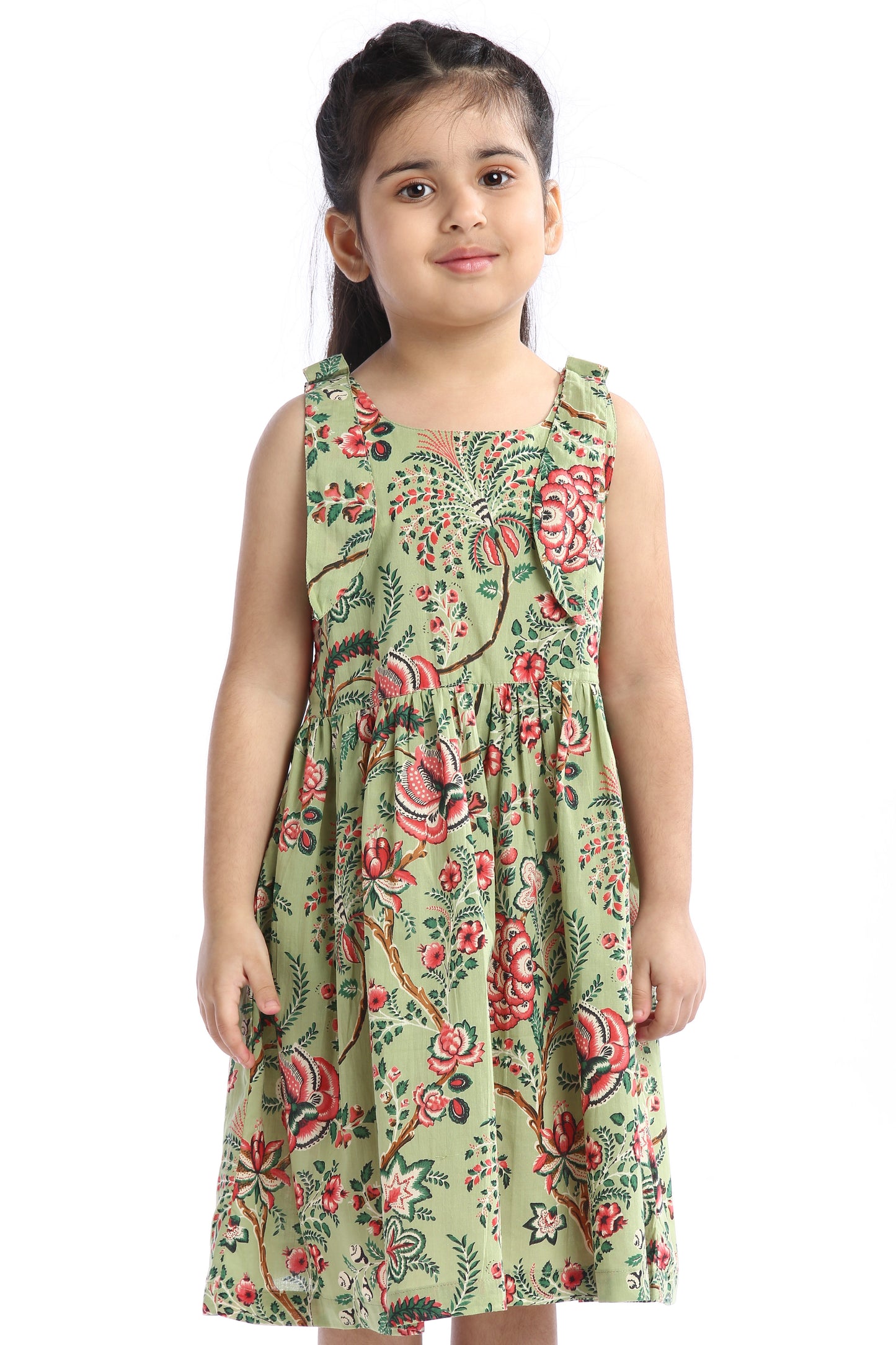 Floral Print Girls' Sleeveless Green Frock