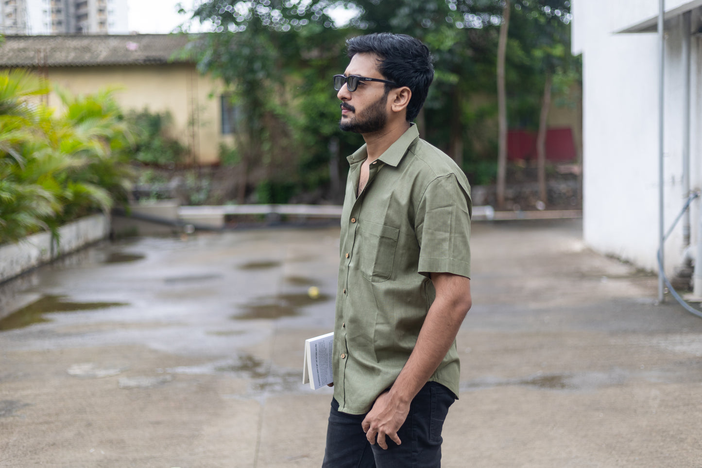 Military Green Half Sleeves Lyocell Shirt