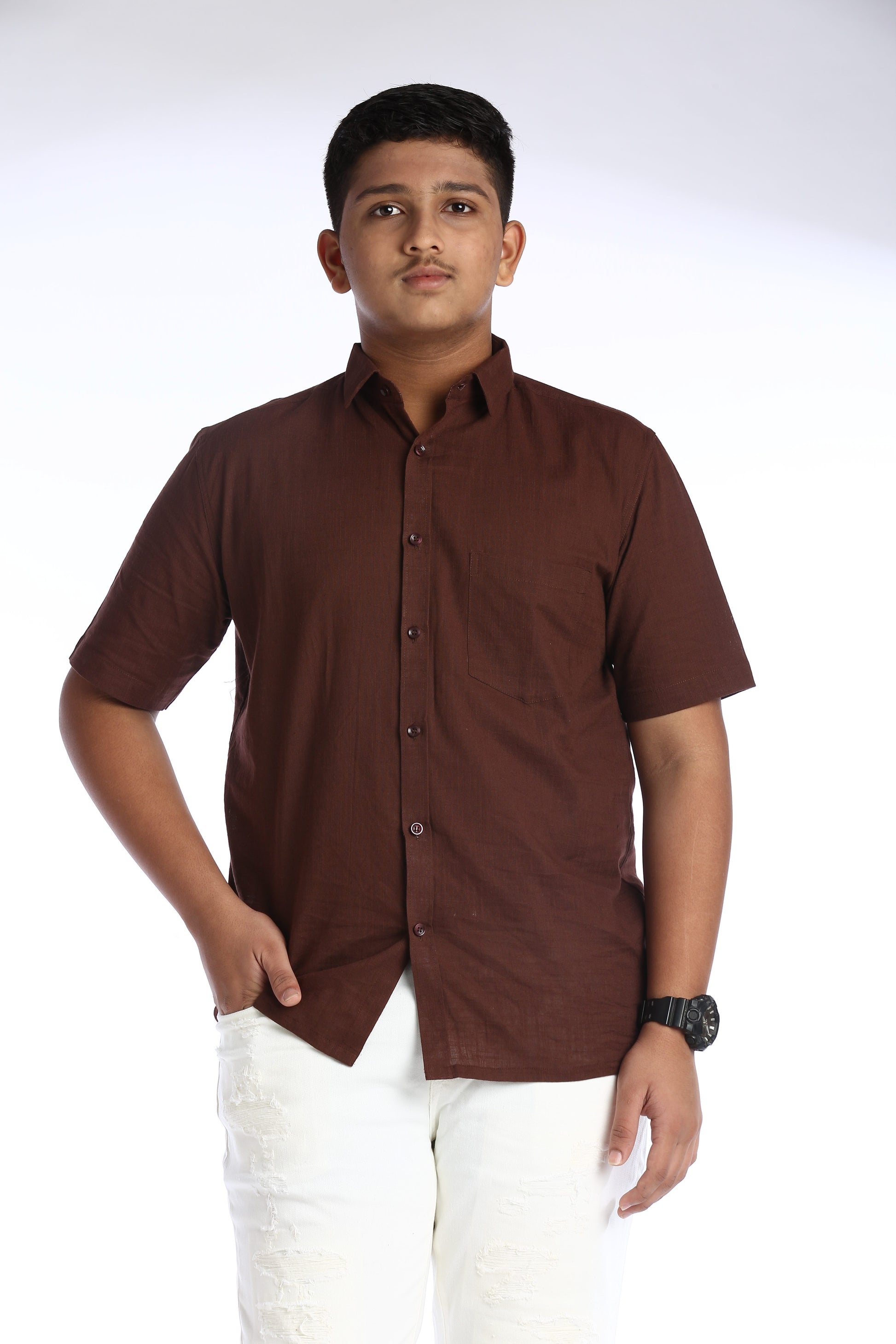ek'dor deep brown cotton slub half sleeves shirt for men