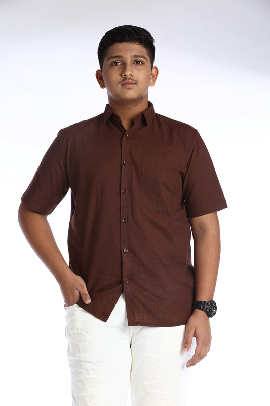 ek'dor deep brown cotton slub half sleeves shirt for men