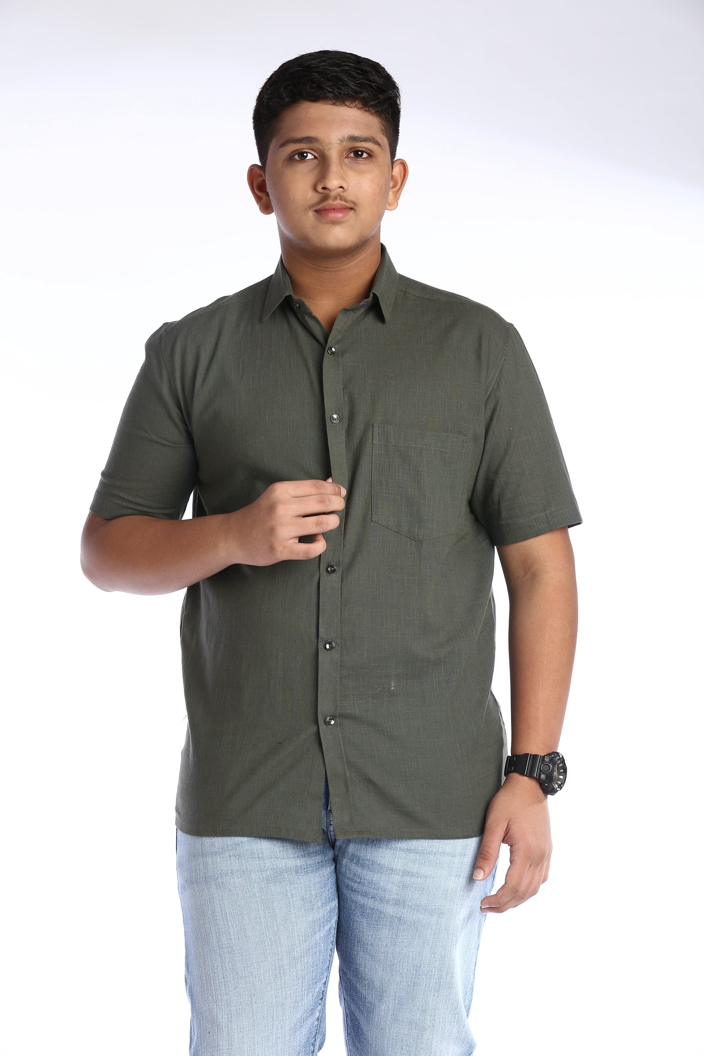 ekdor olive green cotton slub half sleeves shirt for men