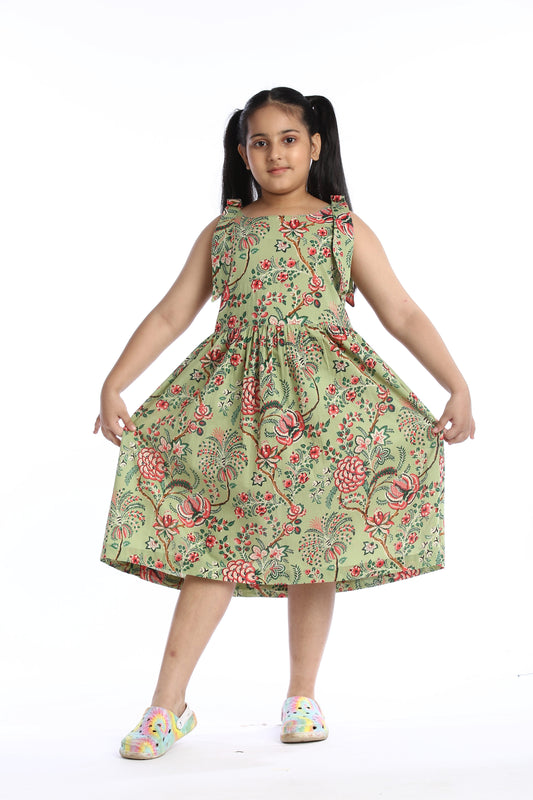 Floral Print Girls' Sleeveless Green Frock
