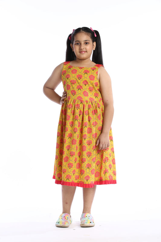 Bright Floral Sleeveless Girls' Frock in Yellow