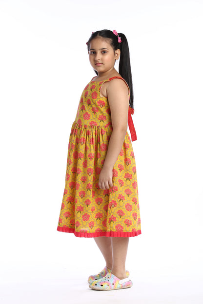 Bright Floral Sleeveless Girls' Frock in Yellow