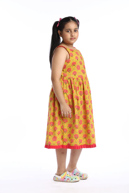 Bright Floral Sleeveless Girls' Frock in Yellow