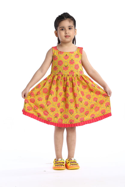 Bright Floral Sleeveless Girls' Frock in Yellow