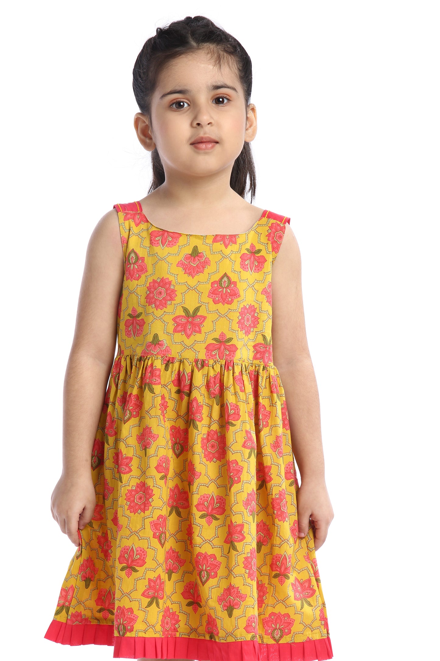 Bright Floral Sleeveless Girls' Frock in Yellow