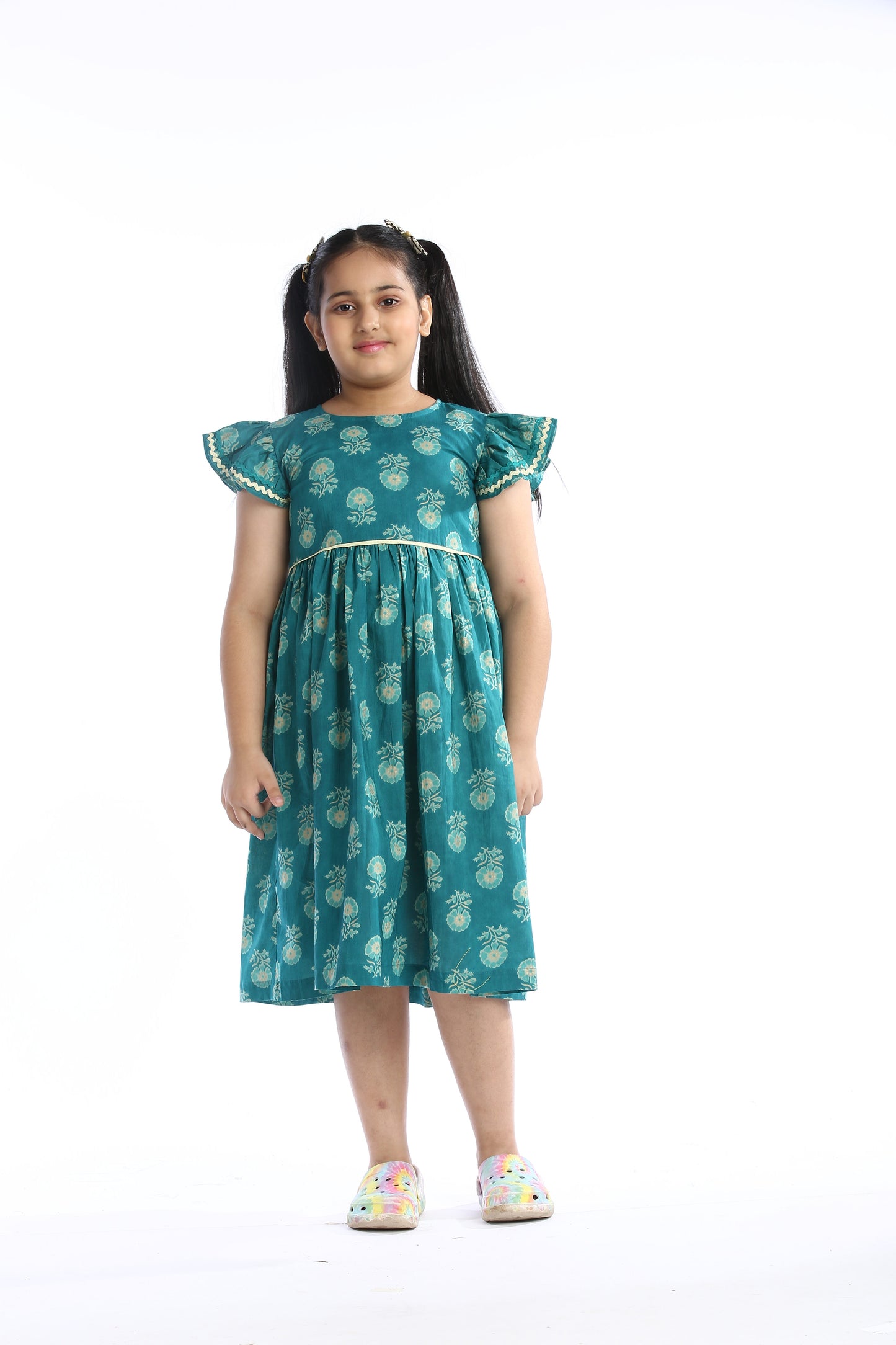 Teal Floral Girl's Frock Stylish and Comfortable
