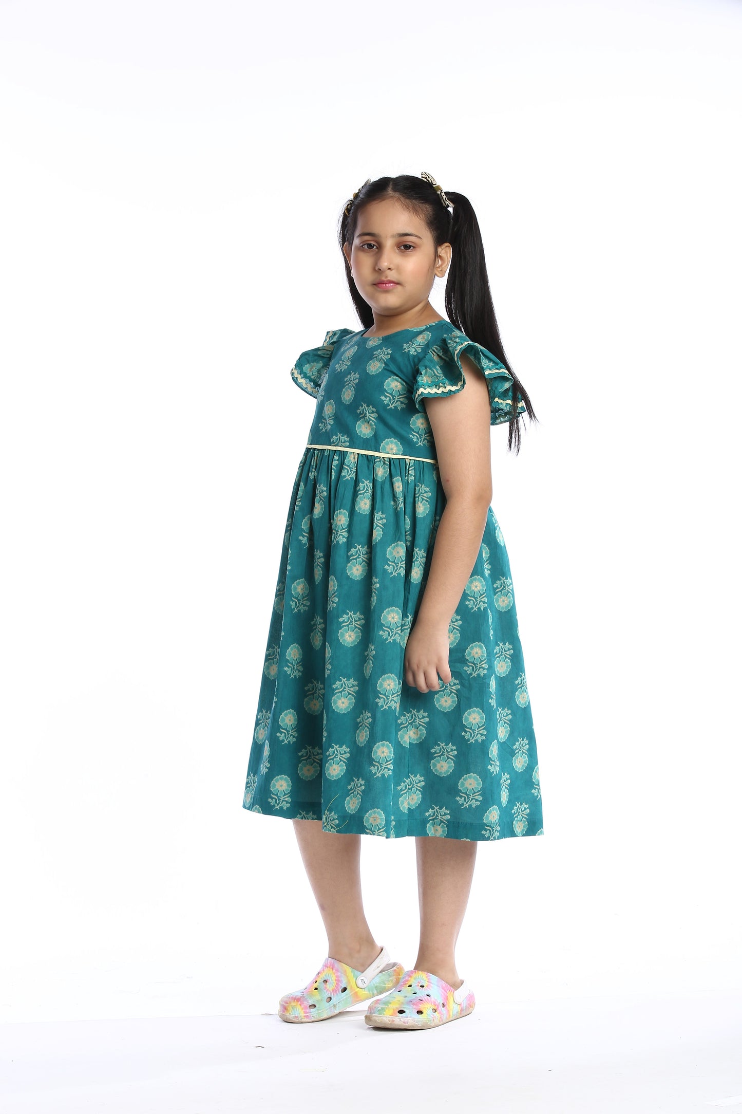 Teal Floral Girl's Frock Stylish and Comfortable