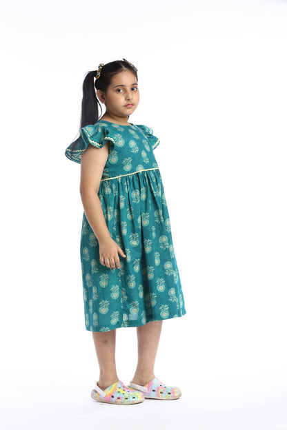 Teal Floral Girl's Frock Stylish and Comfortable