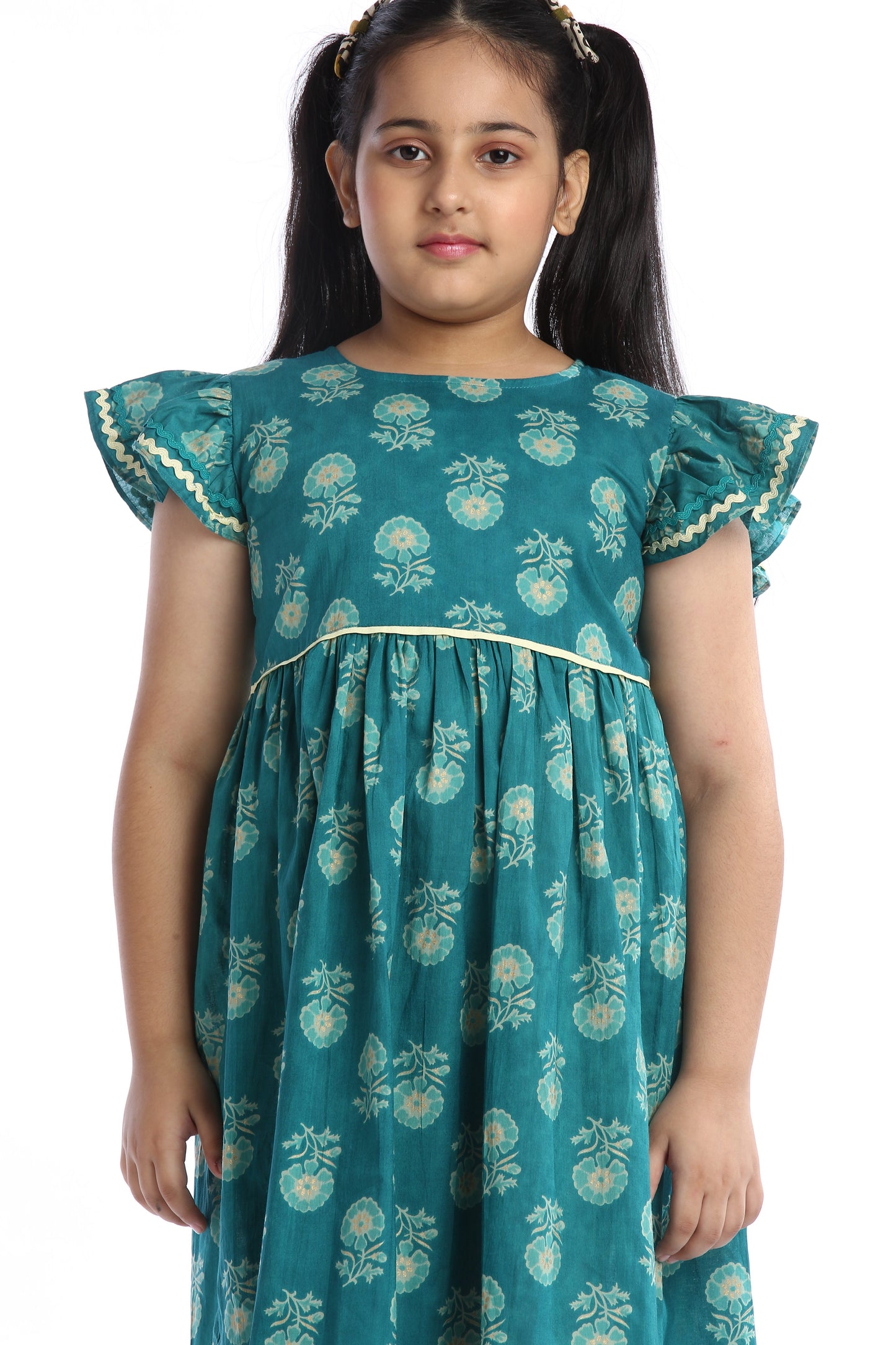 Teal Floral Girl's Frock Stylish and Comfortable