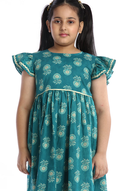 Teal Floral Girl's Frock Stylish and Comfortable