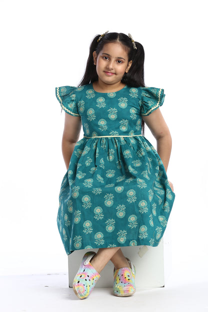 Teal Floral Girl's Frock Stylish and Comfortable