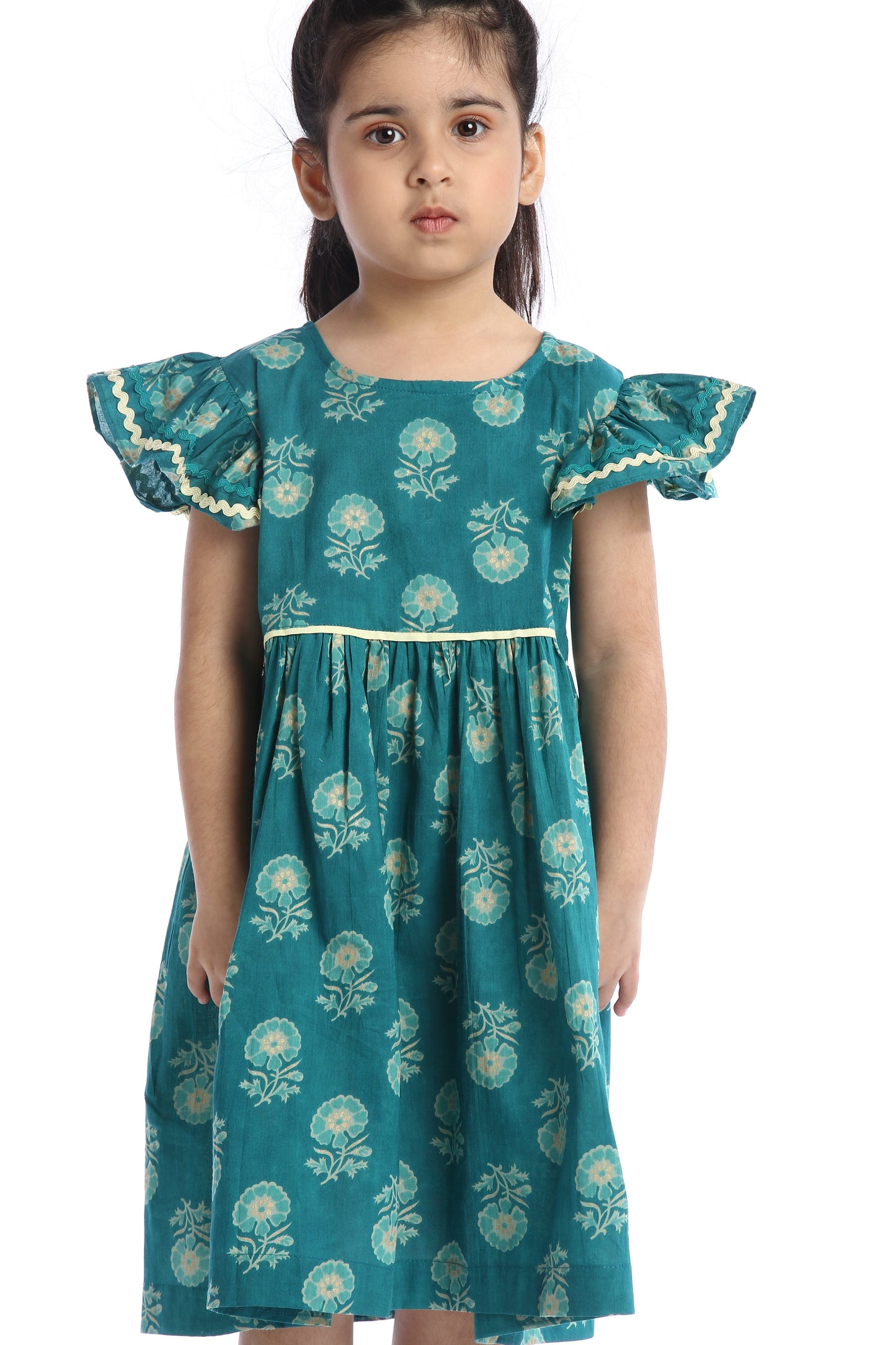 Teal Floral Girl's Frock Stylish and Comfortable