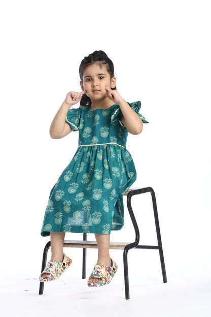 Teal Floral Girl's Frock Stylish and Comfortable