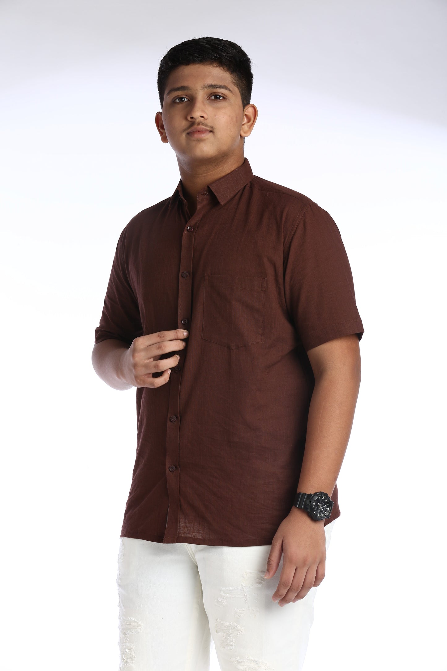 Deep Brown Cotton Slub Half Sleeves Shirt – Casual Comfort with a Stylish Edge