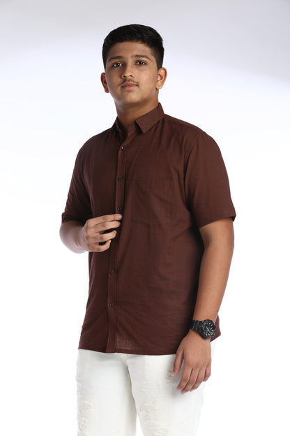 Deep Brown Cotton Slub Half Sleeves Shirt – Casual Comfort with a Stylish Edge