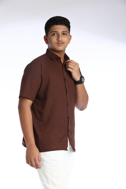 Deep Brown Cotton Slub Half Sleeves Shirt – Casual Comfort with a Stylish Edge
