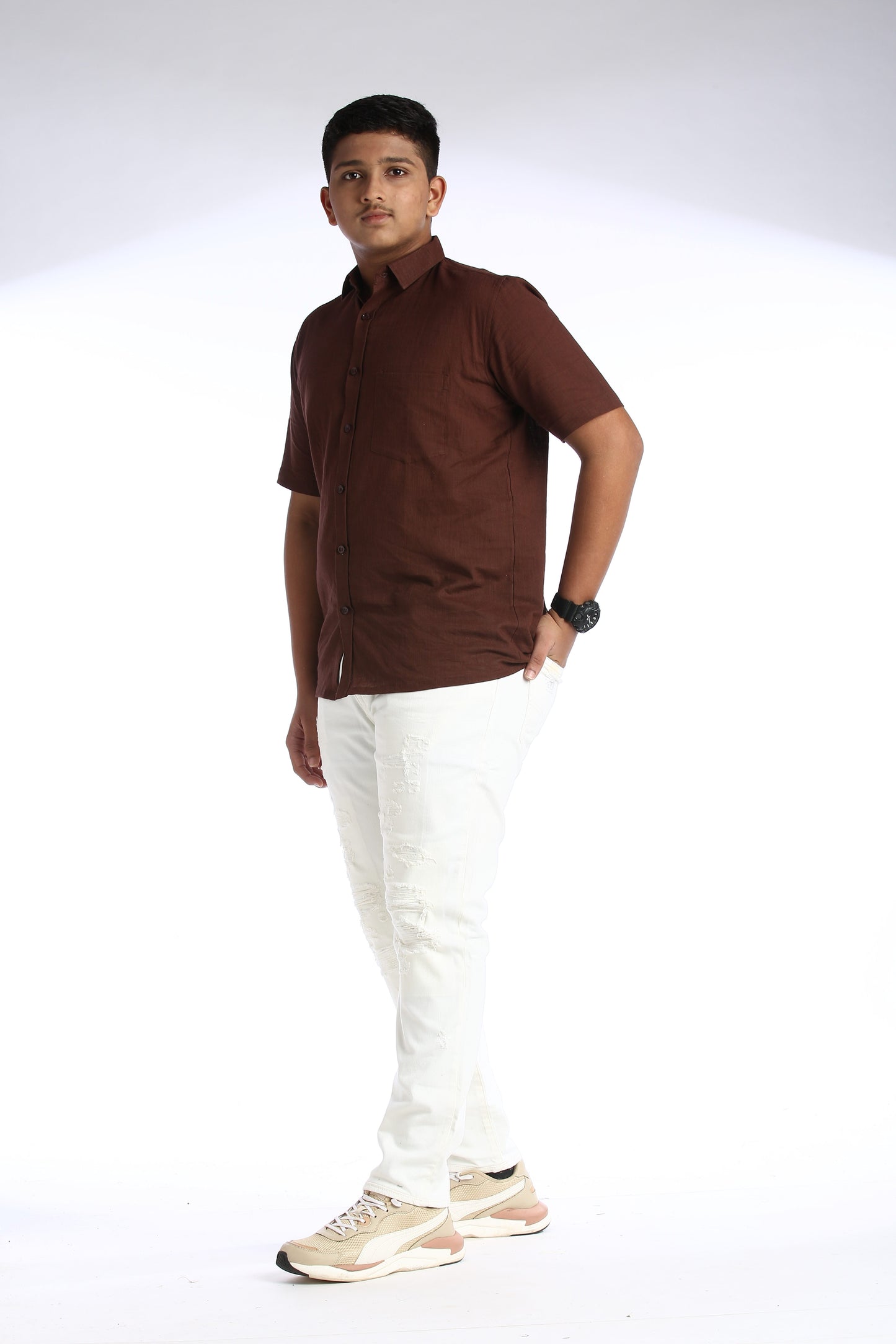 Deep Brown Cotton Slub Half Sleeves Shirt – Casual Comfort with a Stylish Edge