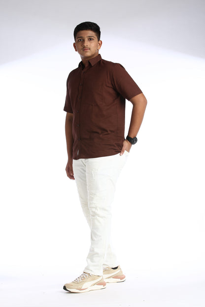 Deep Brown Cotton Slub Half Sleeves Shirt – Casual Comfort with a Stylish Edge