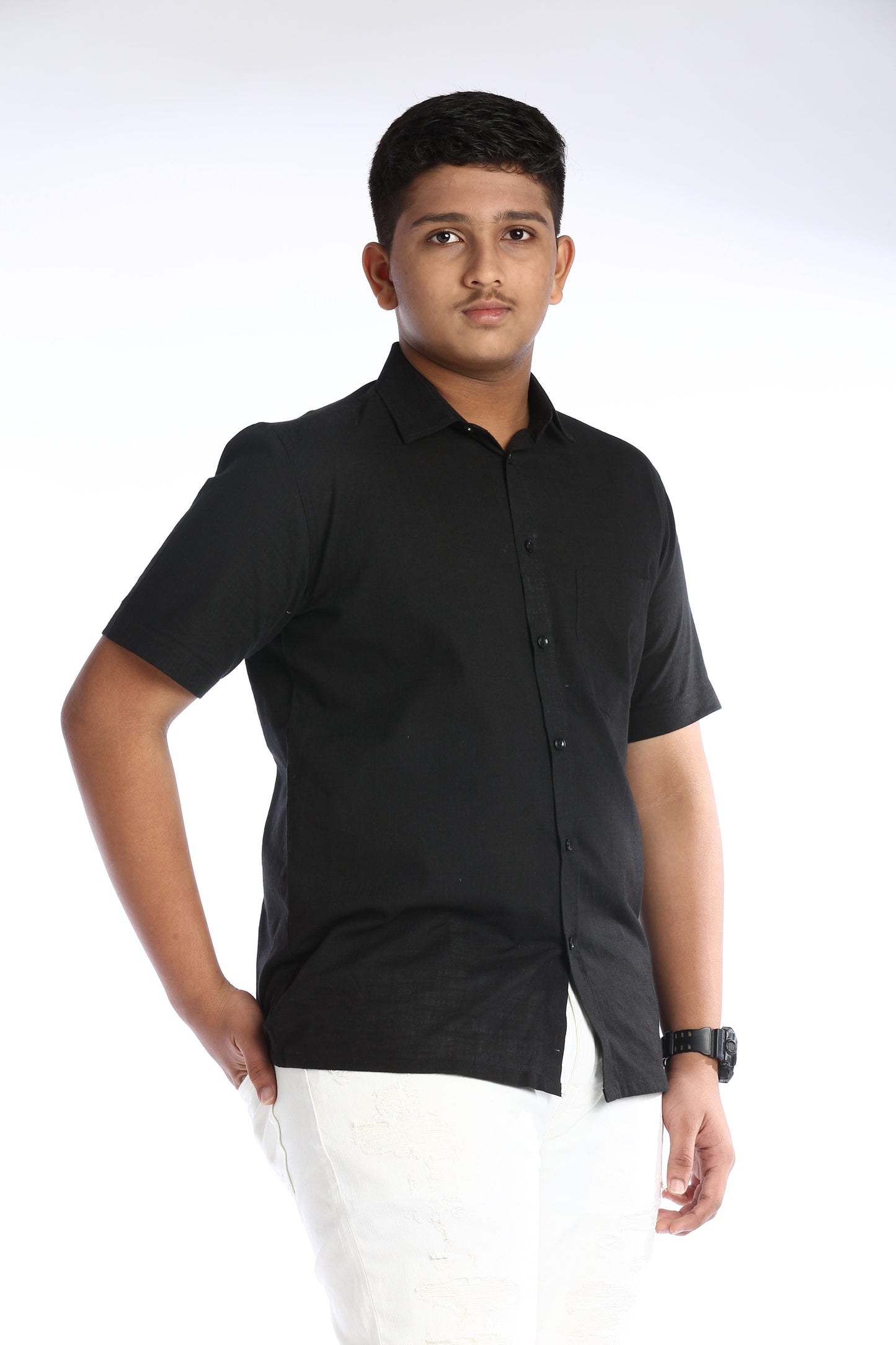 Black Cotton Slub Half Sleeves Shirt - Effortless Style and Comfort