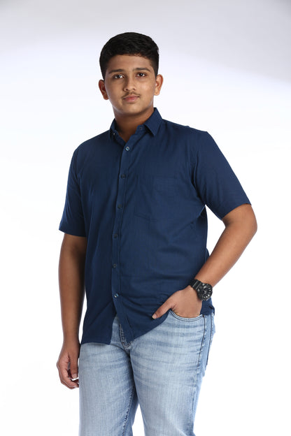 Blue Cotton Slub Half Sleeves Shirt – Casual Comfort with a Stylish Edge