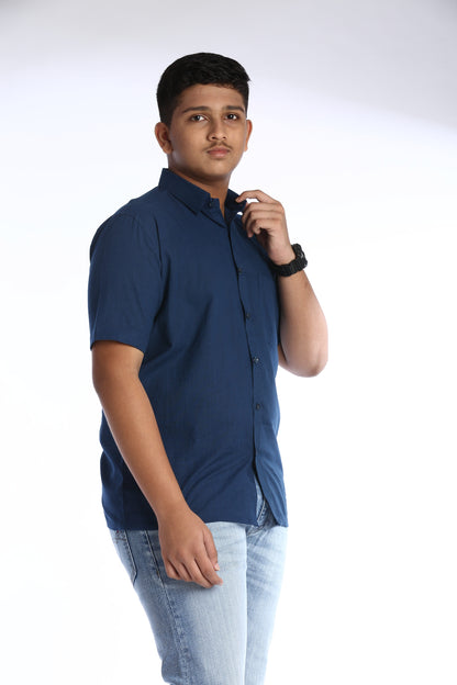 Blue Cotton Slub Half Sleeves Shirt – Casual Comfort with a Stylish Edge