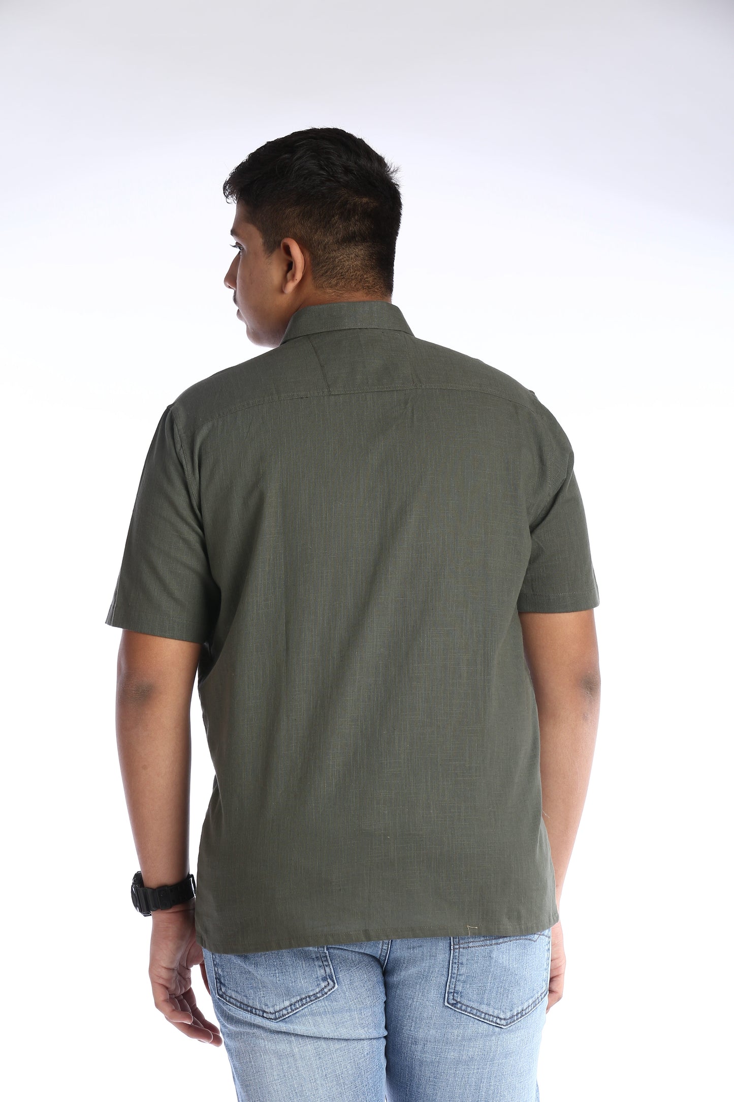 Olive Green Cotton Slub Half Sleeves Shirt – Effortless Style with a Casual Edge