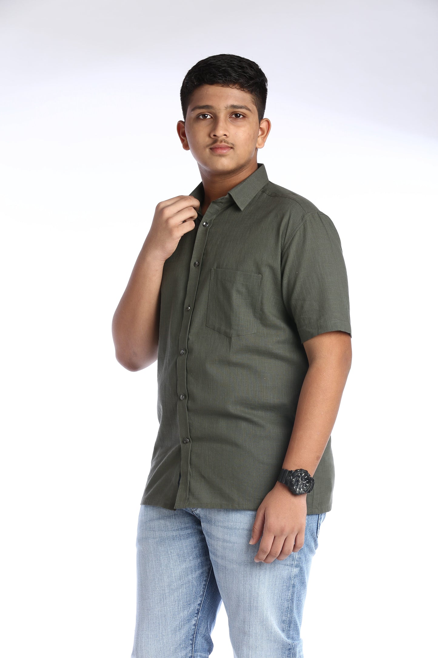 Olive Green Cotton Slub Half Sleeves Shirt – Effortless Style with a Casual Edge
