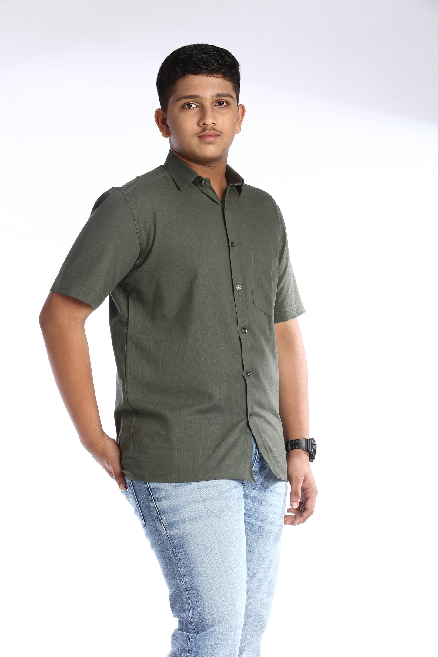 Olive Green Cotton Slub Half Sleeves Shirt – Effortless Style with a Casual Edge