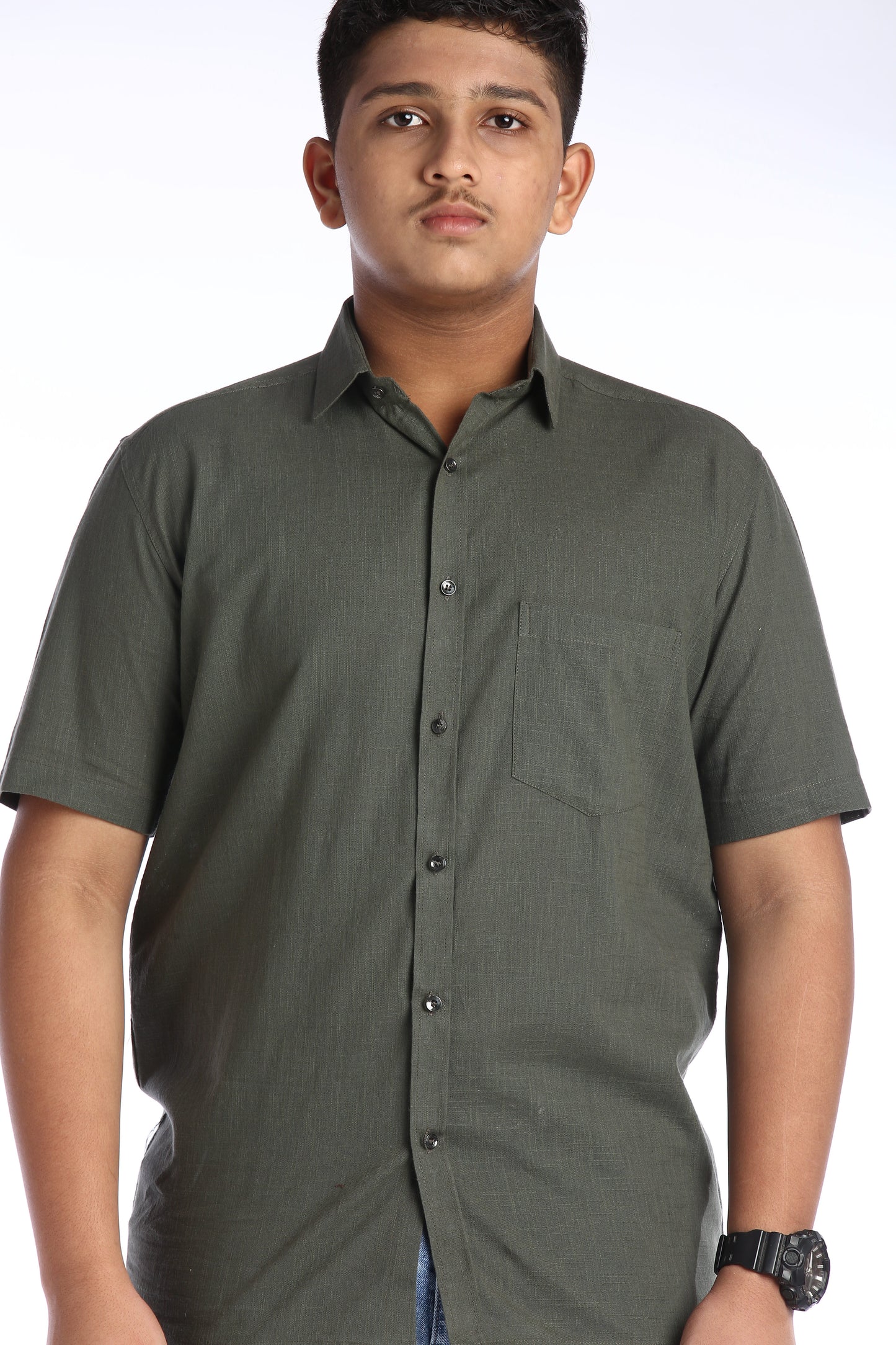 Olive Green Cotton Slub Half Sleeves Shirt – Effortless Style with a Casual Edge