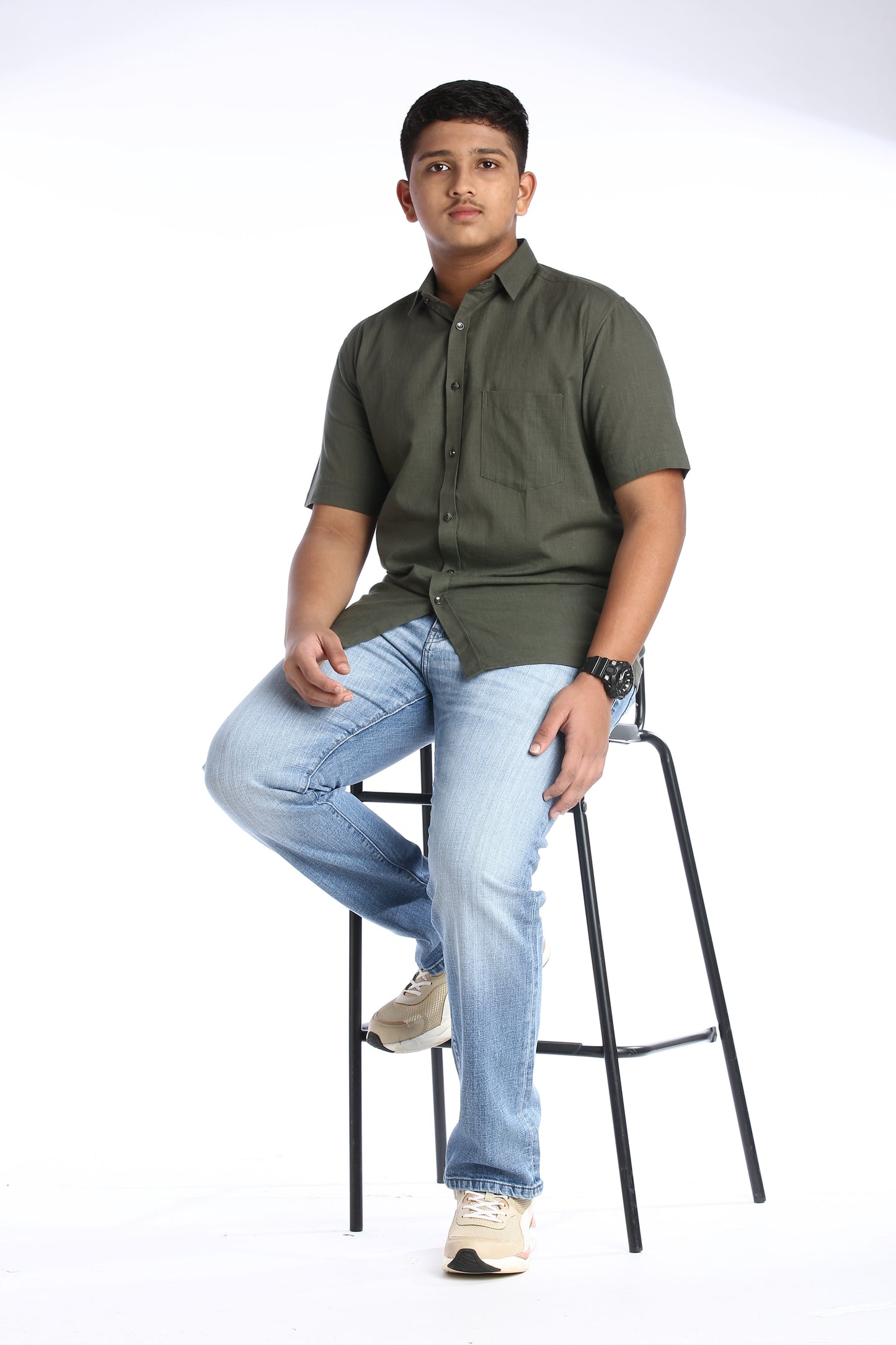 Olive Green Cotton Slub Half Sleeves Shirt – Effortless Style with a Casual Edge