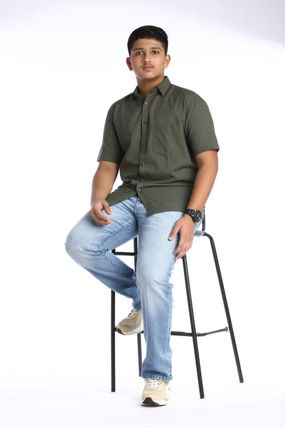 Olive Green Cotton Slub Half Sleeves Shirt – Effortless Style with a Casual Edge