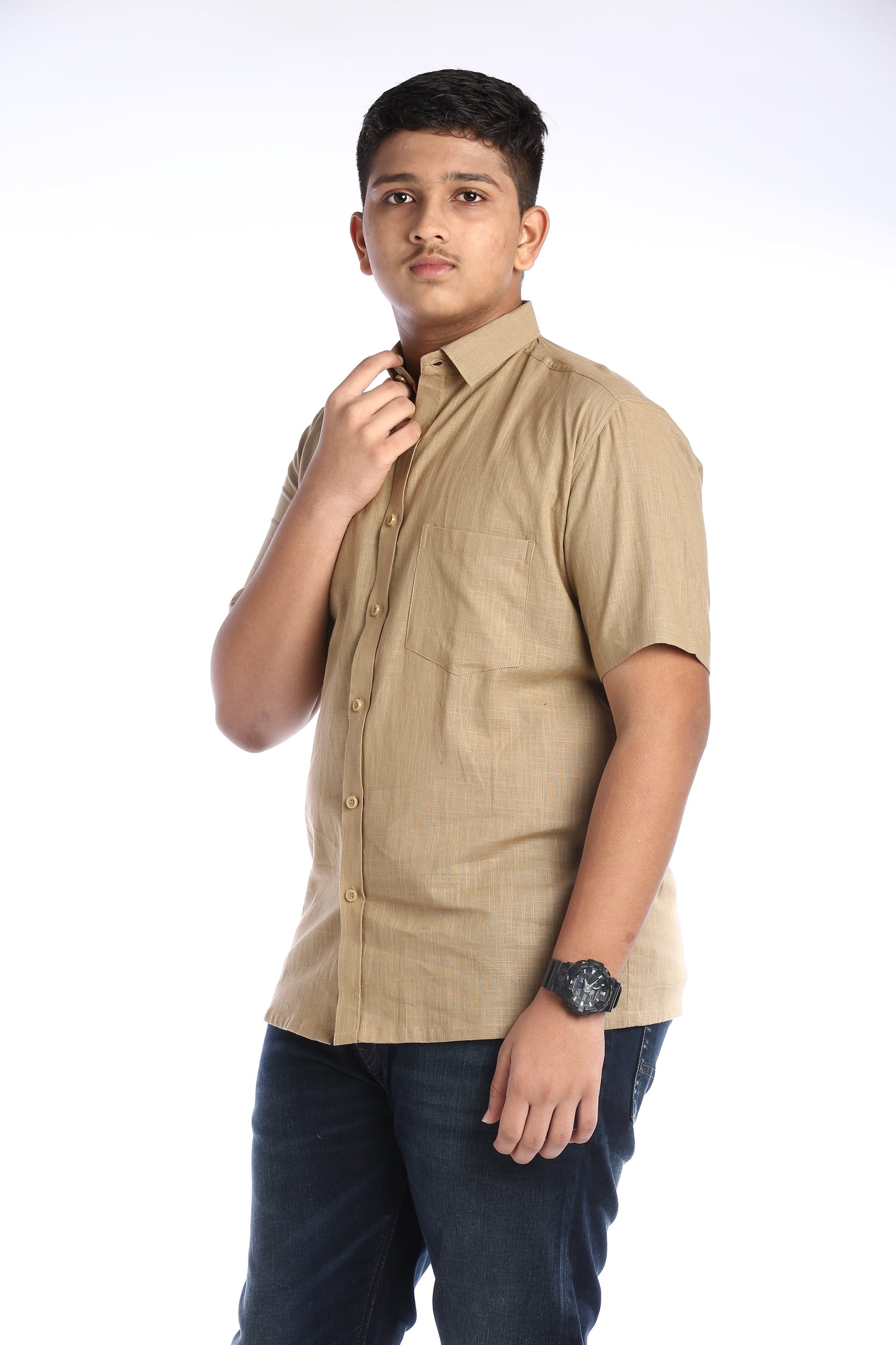 Beige Cotton Slub Half Sleeves Shirt – Classic Style with a Modern Twist