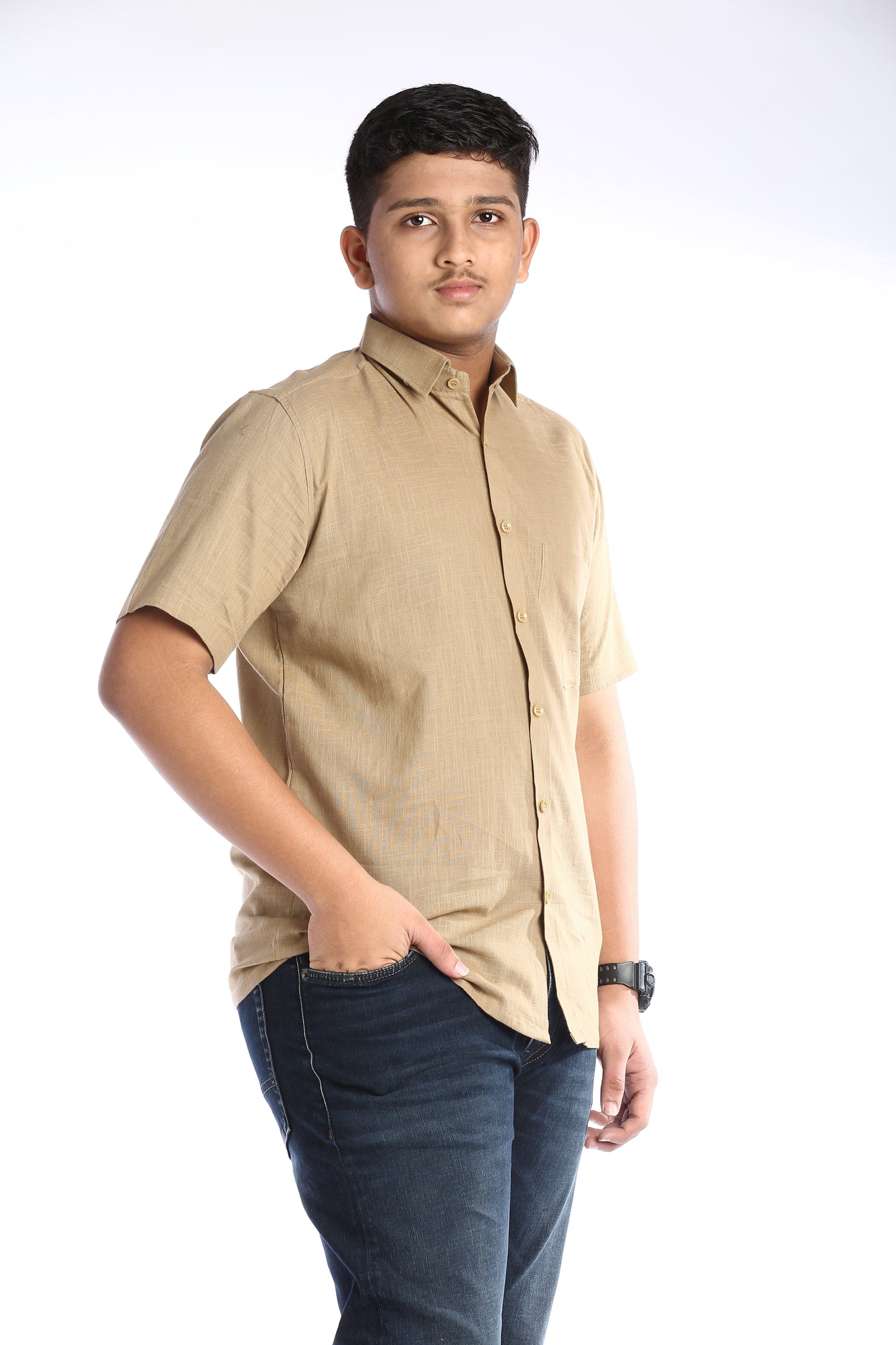 Beige Cotton Slub Half Sleeves Shirt – Classic Style with a Modern Twist