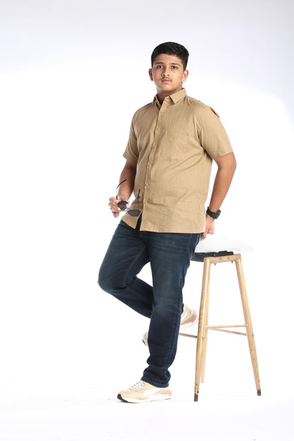Beige Cotton Slub Half Sleeves Shirt – Classic Style with a Modern Twist