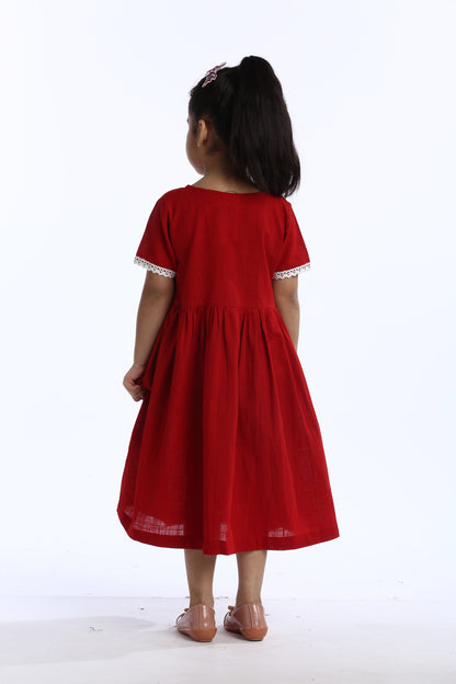 Red Lace Trimmed Girl's Frock | Stylish & Comfortable