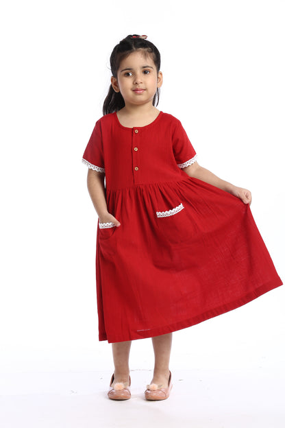 Red Lace Trimmed Girl's Frock | Stylish & Comfortable