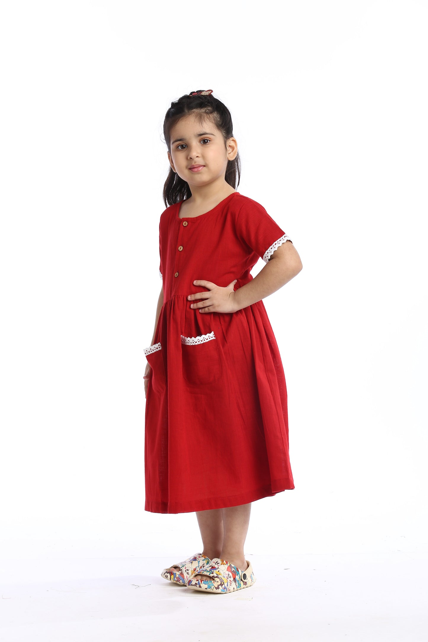 Red Lace Trimmed Girl's Frock | Stylish & Comfortable