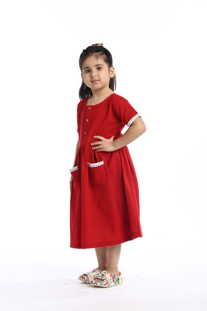 Red Lace Trimmed Girl's Frock | Stylish & Comfortable