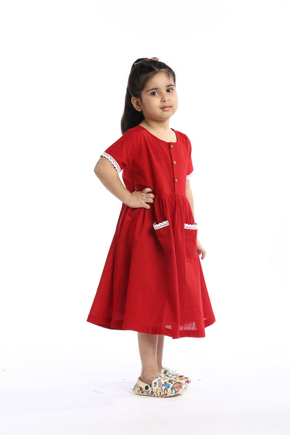 Red Lace Trimmed Girl's Frock | Stylish & Comfortable