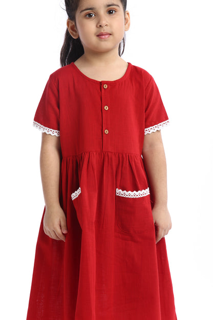 Red Lace Trimmed Girl's Frock | Stylish & Comfortable