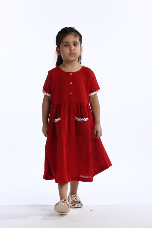 Red Lace Trimmed Girl's Frock | Stylish & Comfortable