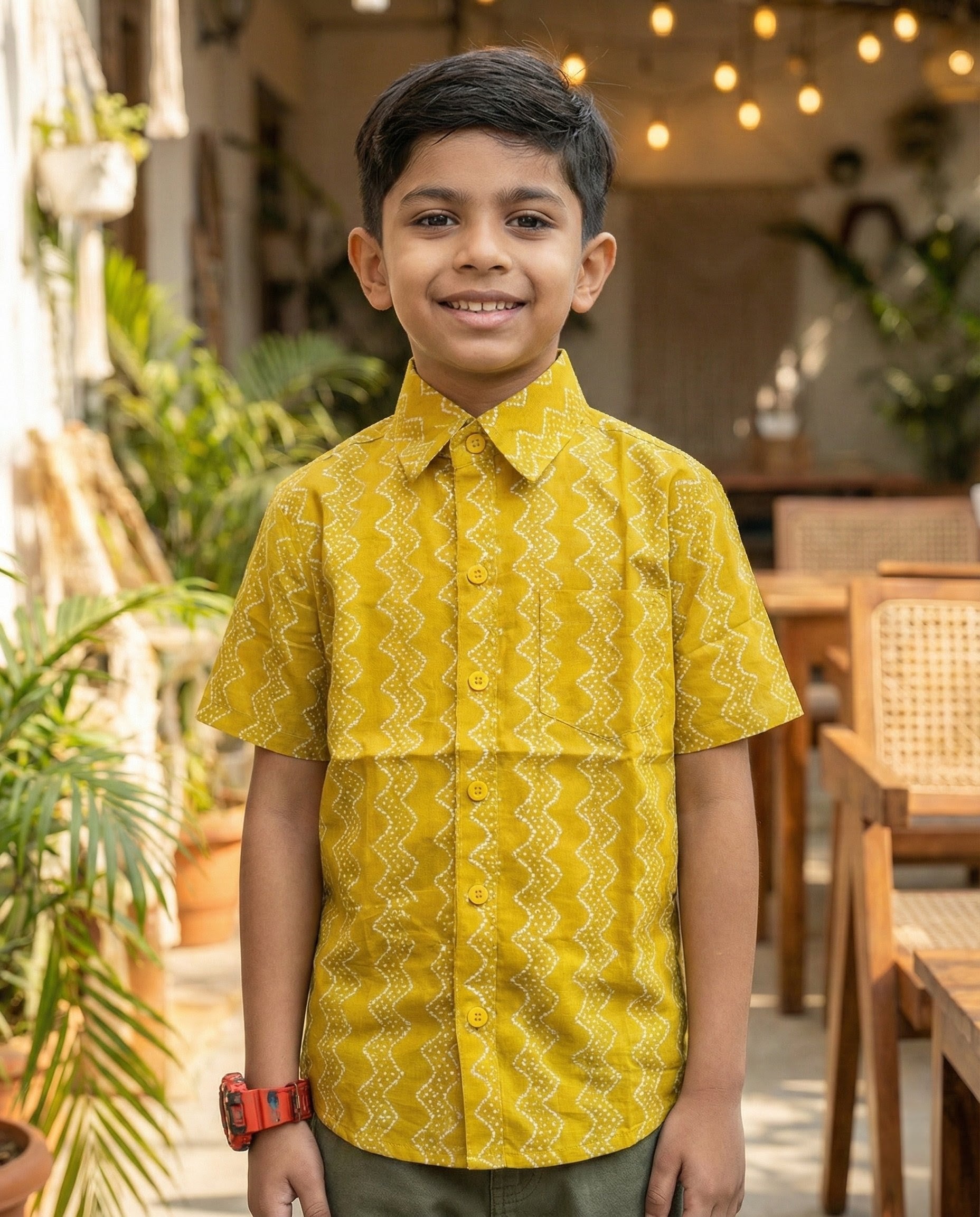 Ek'dor Vastram Boys' The Golden Turmeric Wave Half-Sleeve CottonShirt